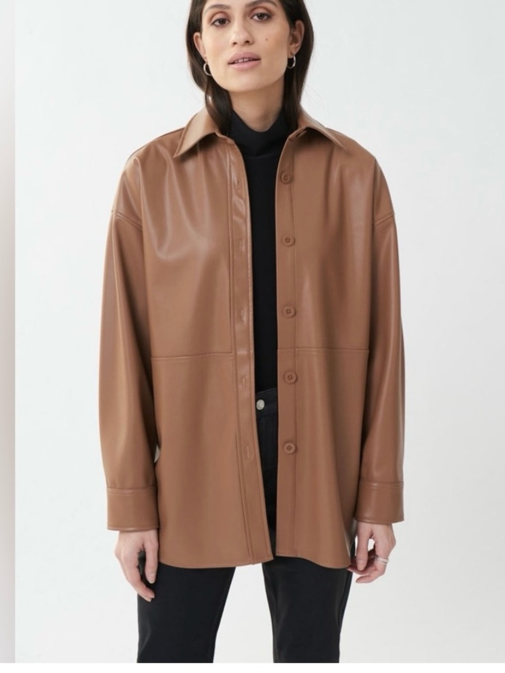 Joseph Ribkoff Faux Leather Brown Shirt Jacket Button Up Collared Shacket Sz XL